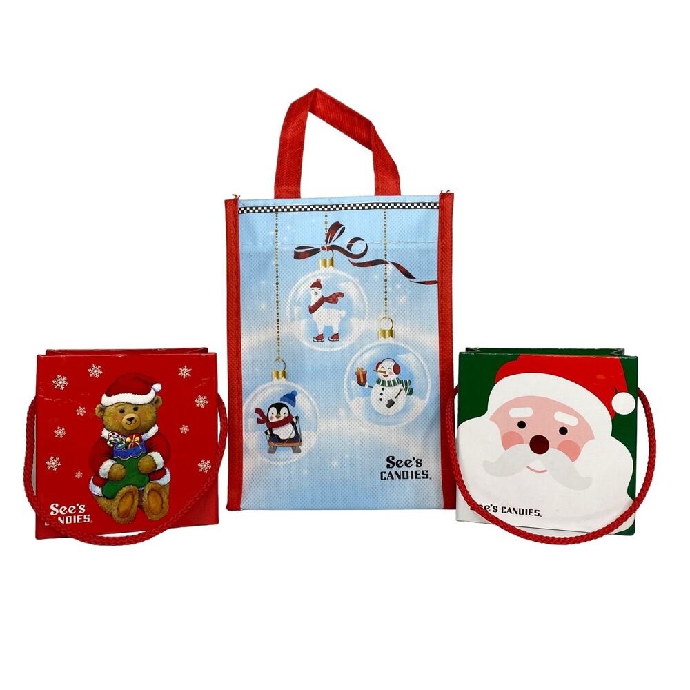 Lot of 3 See's Candies Mini Gift Bags Cardboard Vinyl Bear Santa Christmas